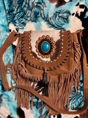 Boho western Fringe Crossbody Bag with Turquoise and cowhide Accent - suede
